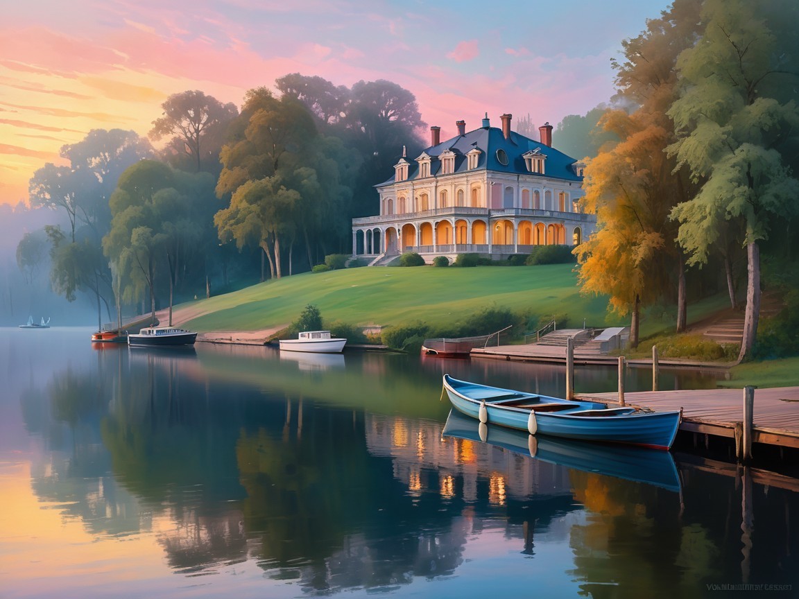 Elegant Mansion by Serene Lake at Dawn