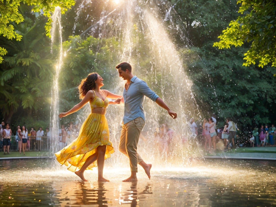 Couple Dancing in Fountain Surrounded by Greenery