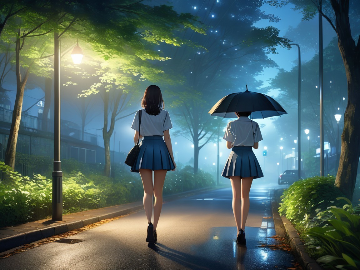 Girls in matching outfits walk on a serene night street