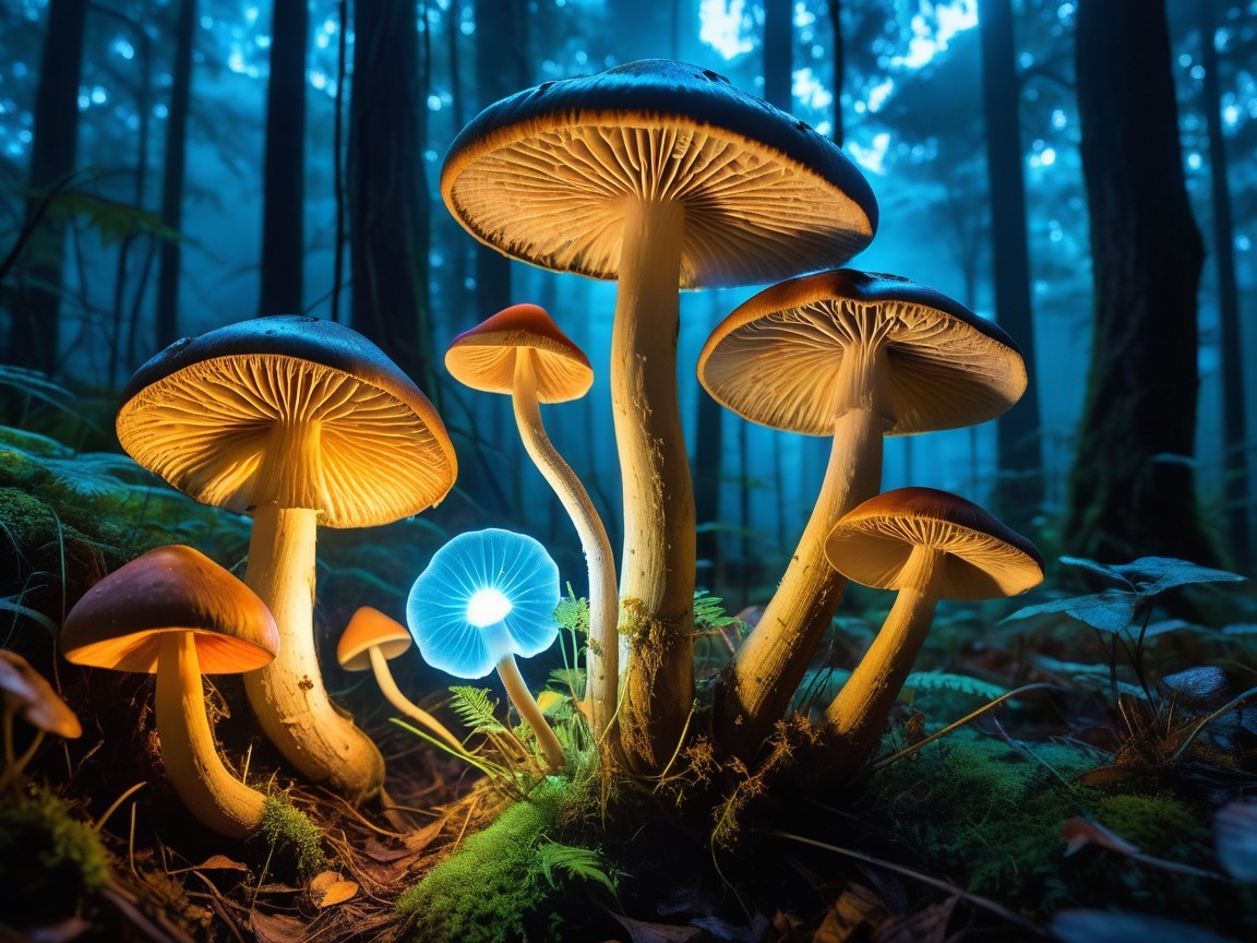 Mushroom Patch in Dark Forest with Glowing Effects