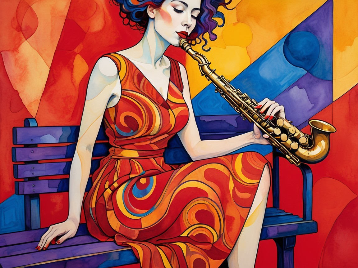 Abstract Artwork of Woman Playing Saxophone on Bench