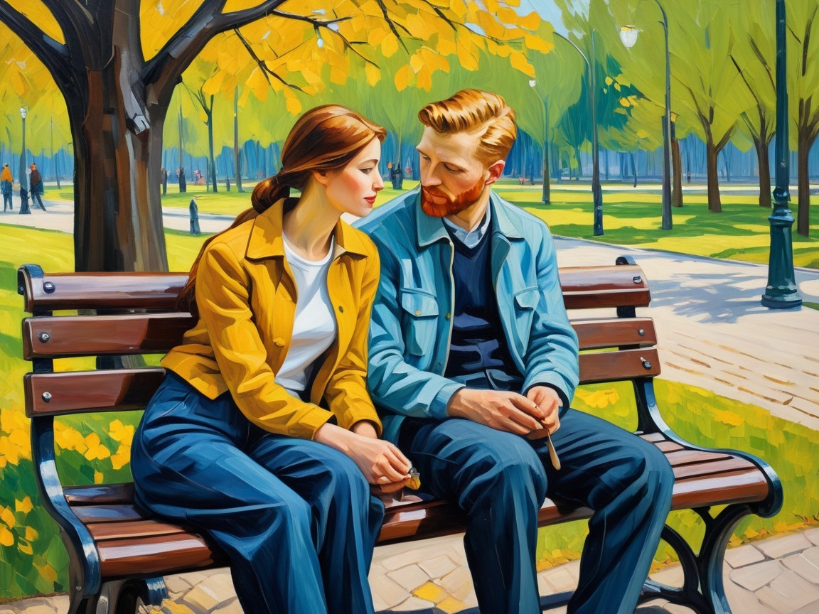 Couple on Park Bench Surrounded by Autumn Trees