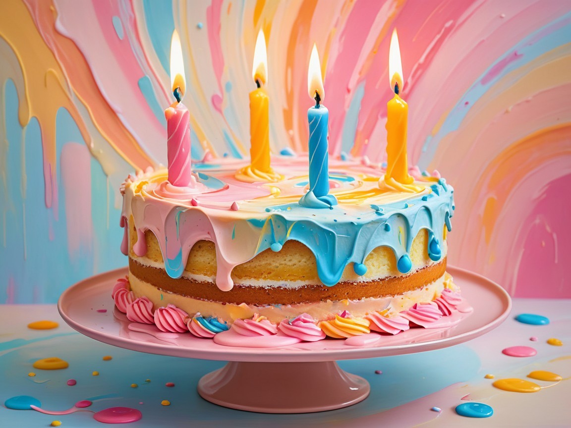 Colorful Birthday Cake on Pastel Plate with Candles