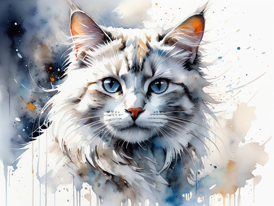 Watercolor Painting of a Majestic Cat with Blue Eyes