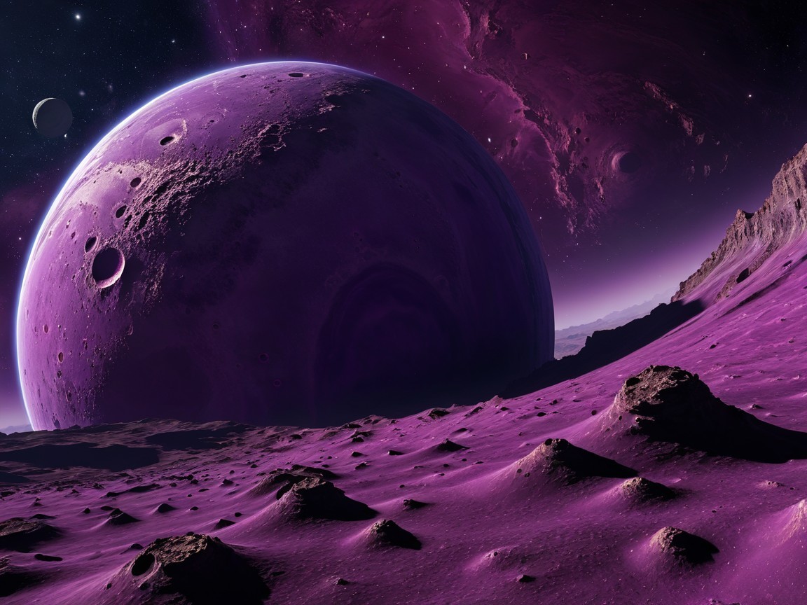 Vibrant Otherworldly Landscape with Purple Planet