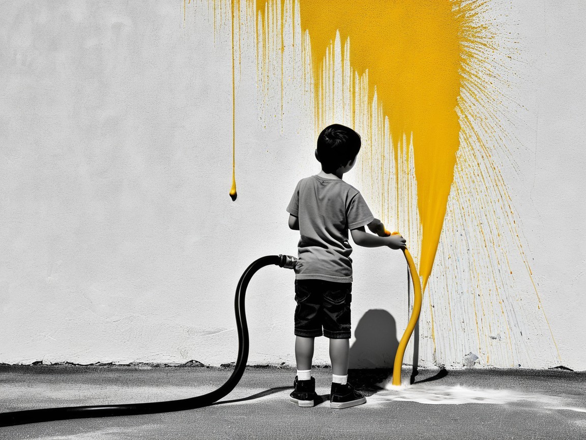 Child Spraying Yellow Paint on White Wall in Black and White