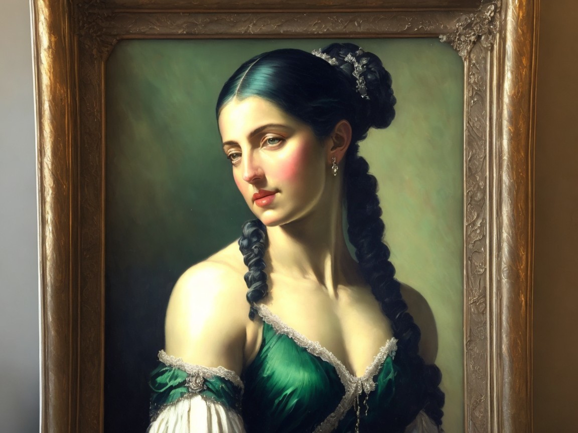 Portrait of a Woman in a Green Gown with Braided Hair