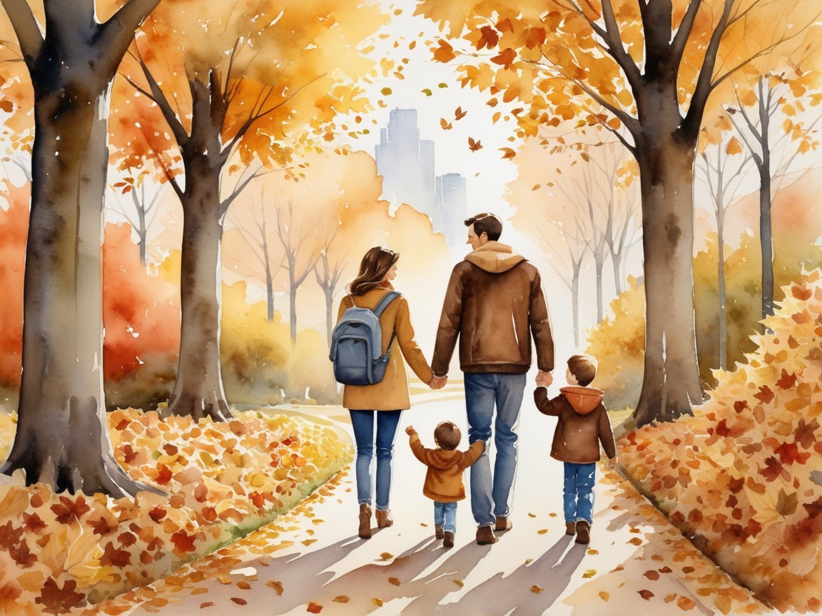 Family Walk on Scenic Autumn Path with City View