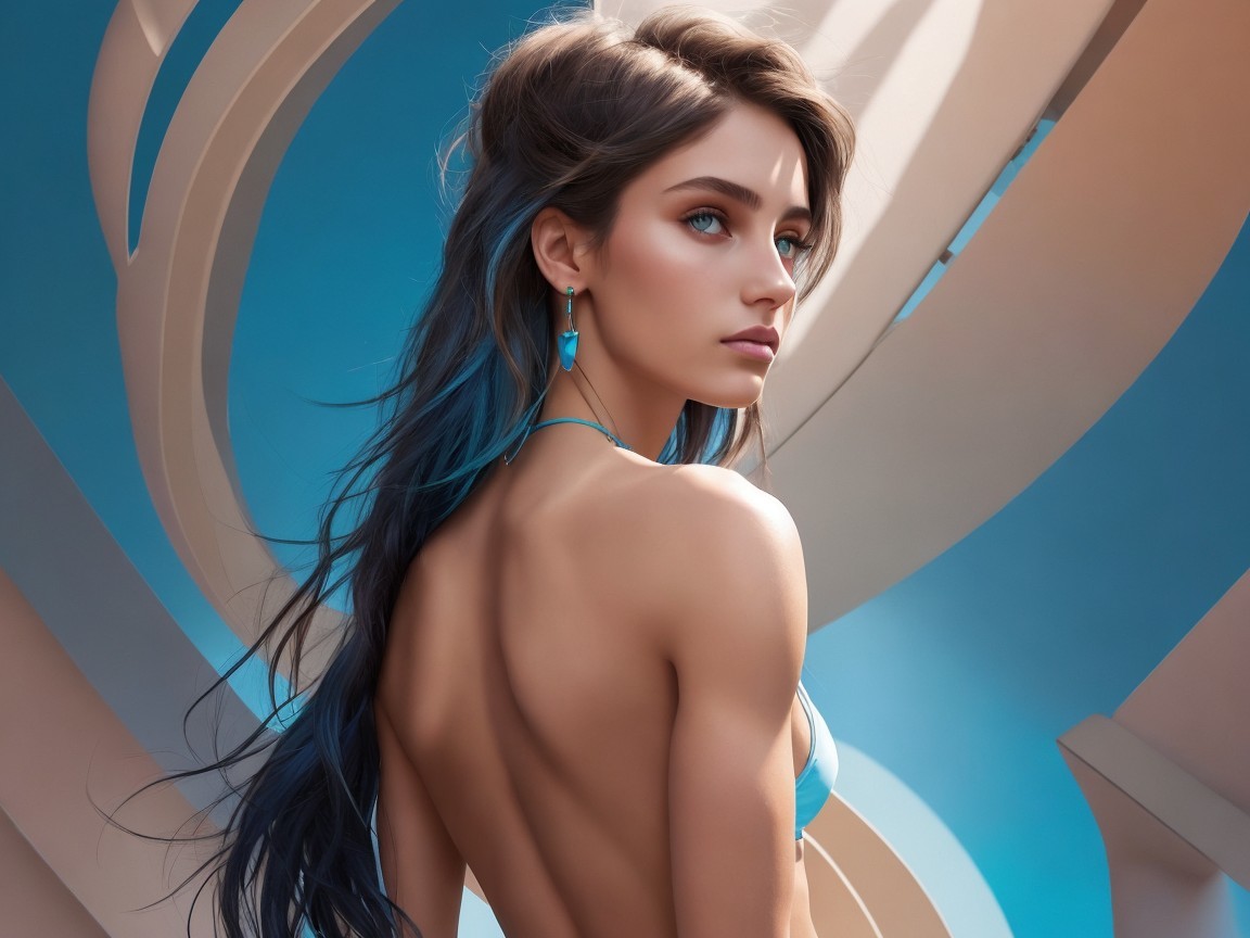 Woman with Blue Highlighted Hair in Stylish Bikini