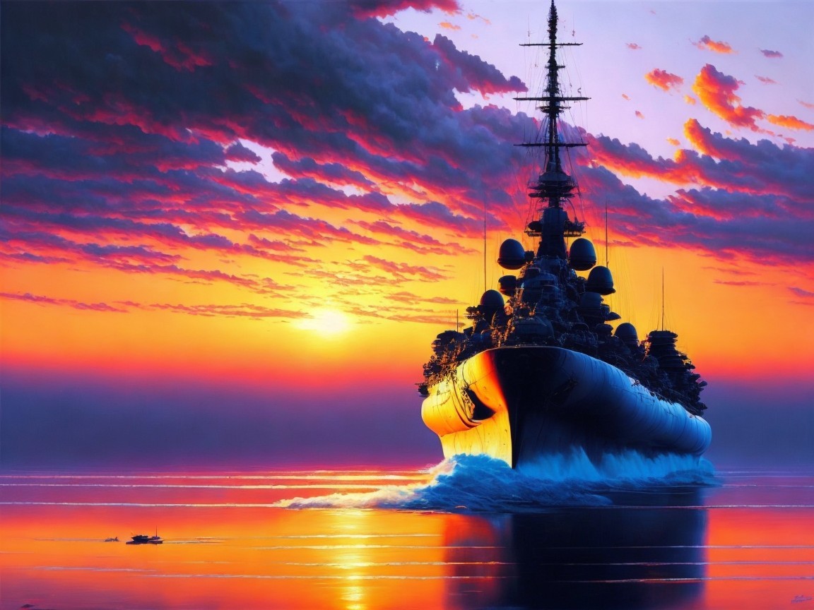 Battleship Sailing at Sunset Over Calm Waters