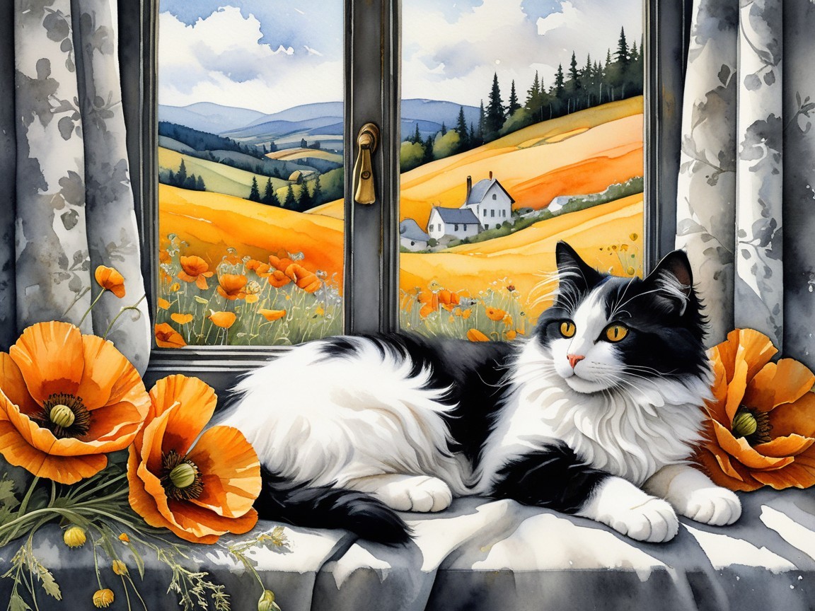 Black-and-White Cat on Windowsill with Orange Poppies