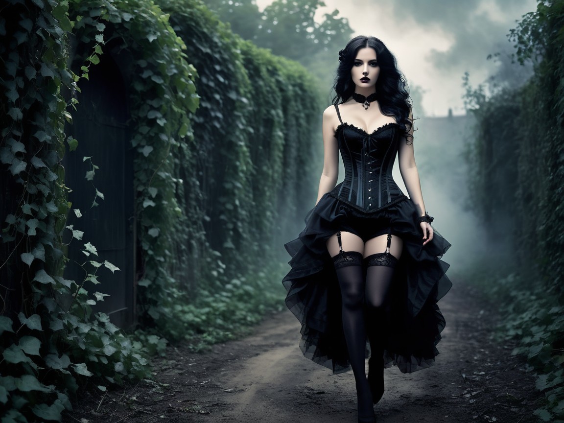 Gothic figure in black gown on misty overgrown path