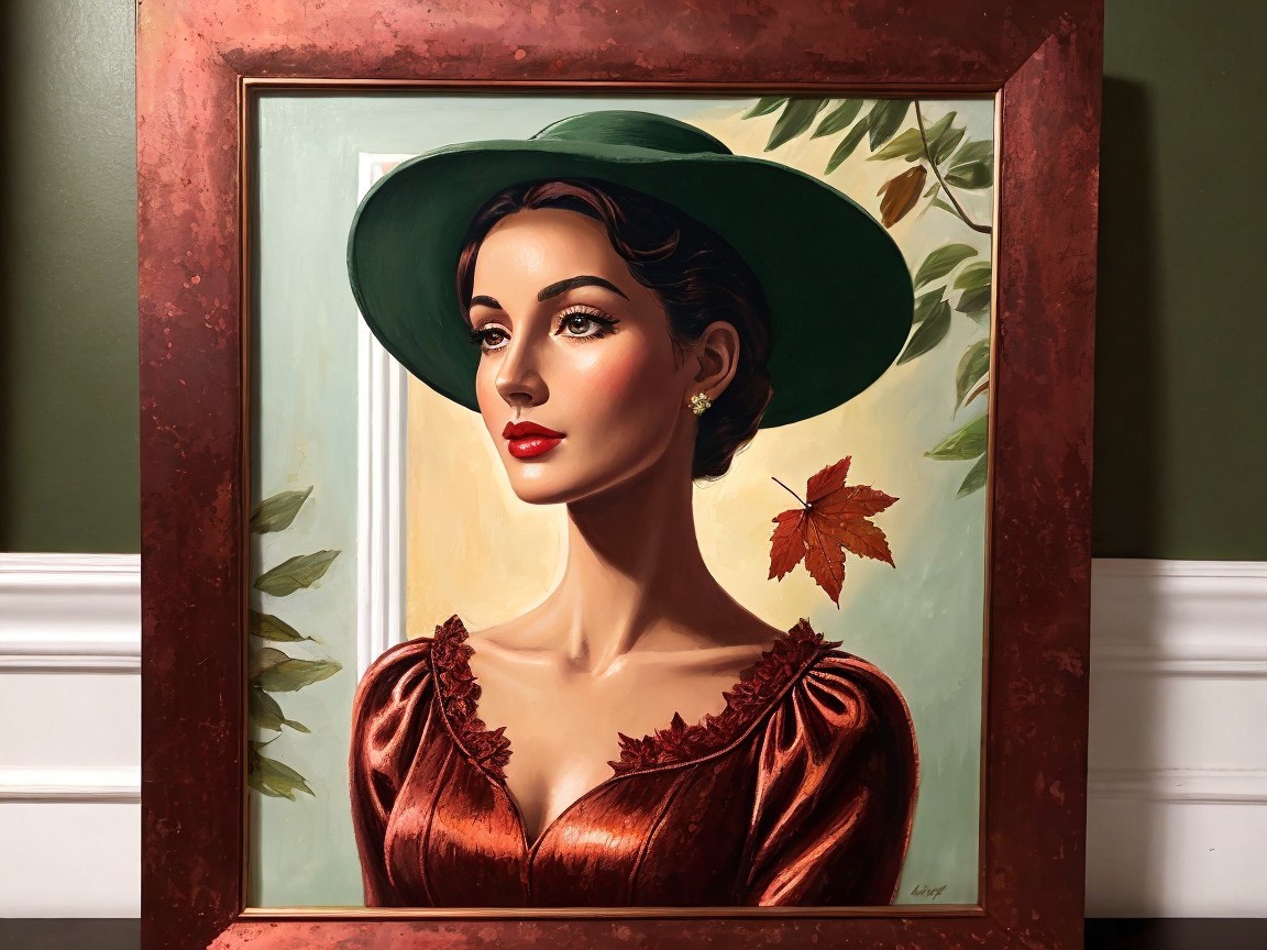 Elegant Woman in Green Hat and Rust Dress with Leaf
