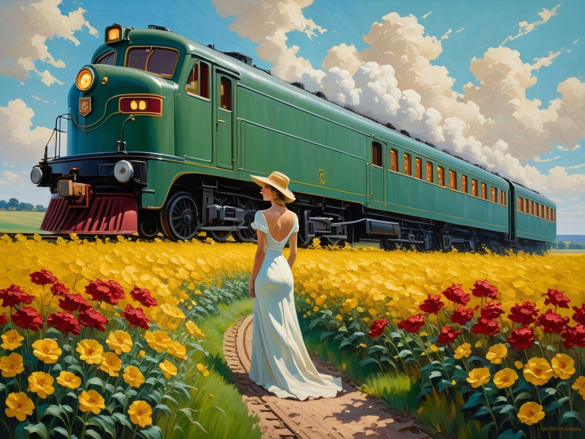 Vintage Train in Serene Landscape with Flowers