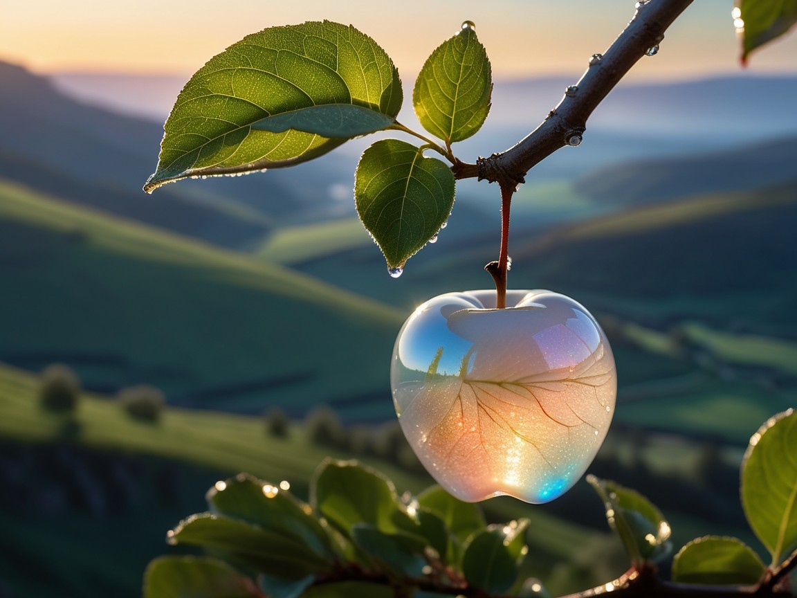 Translucent Apple-Like Orb on Dewy Tree Branch