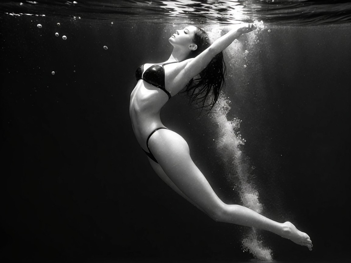 Underwater Figure in Dynamic Pose with Bubbles
