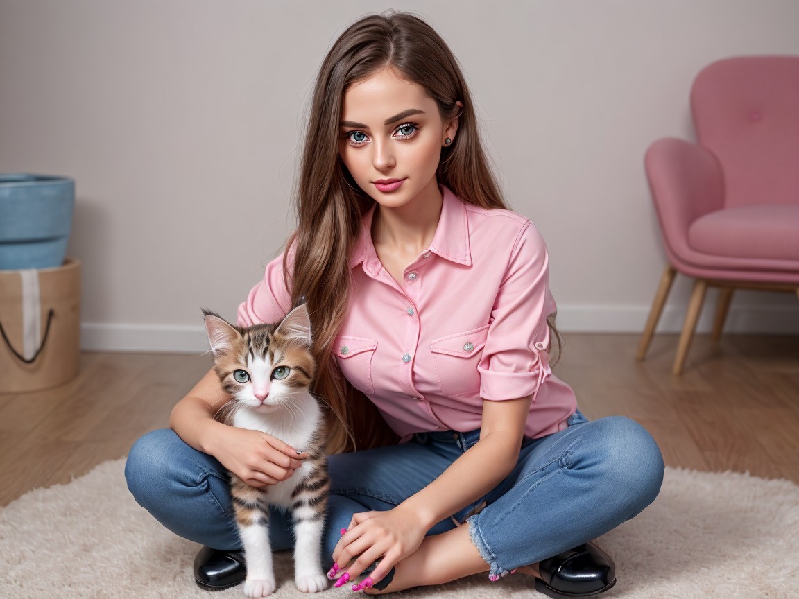 Young woman with kitten in cozy modern room