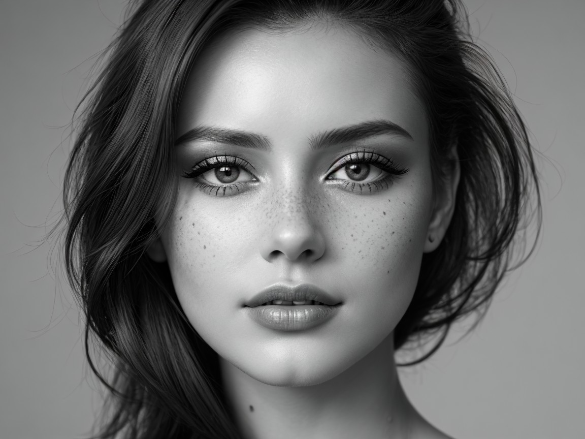 Black-and-white portrait of a young woman with freckles