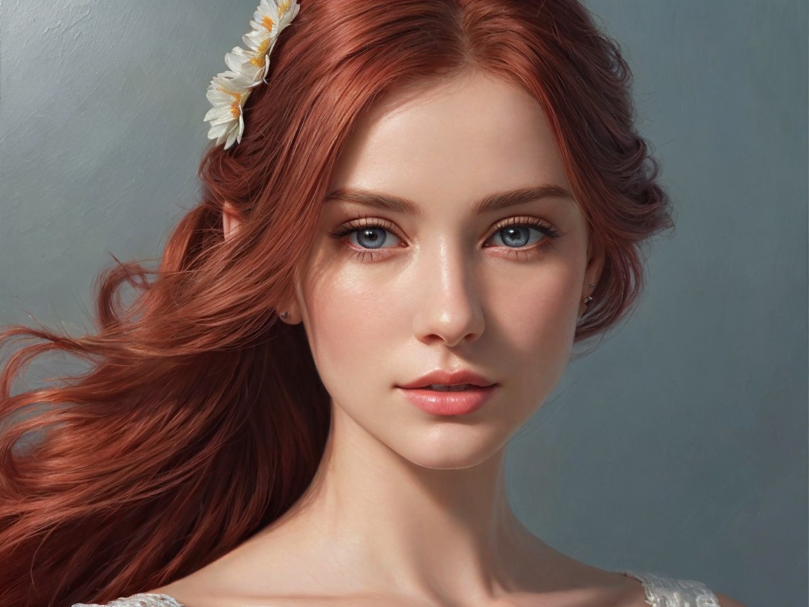 Young woman with red hair and white flower detail