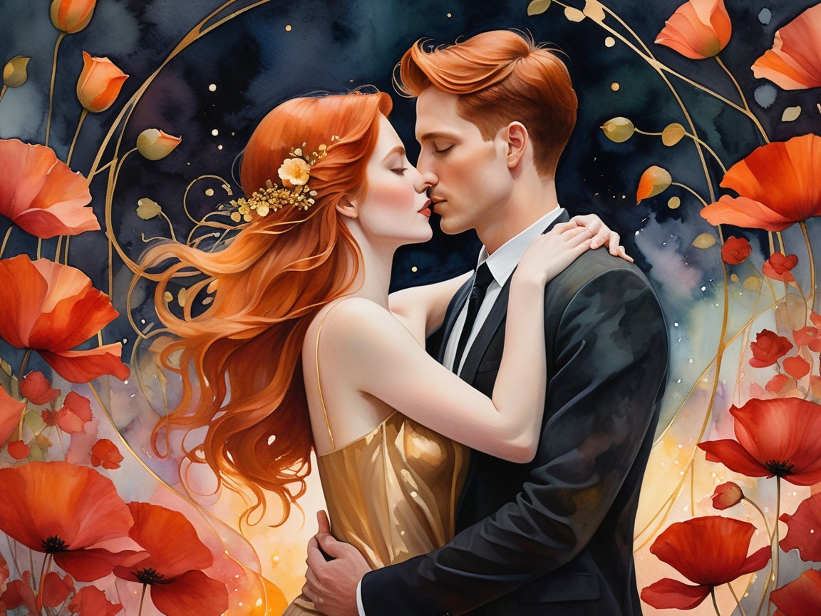 Romantic Couple Embracing with Cosmic Background