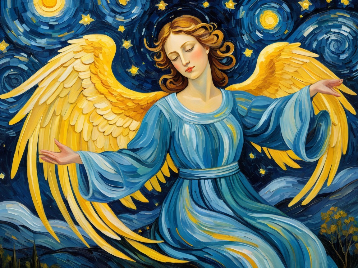 Serene angel with golden wings in starry night sky