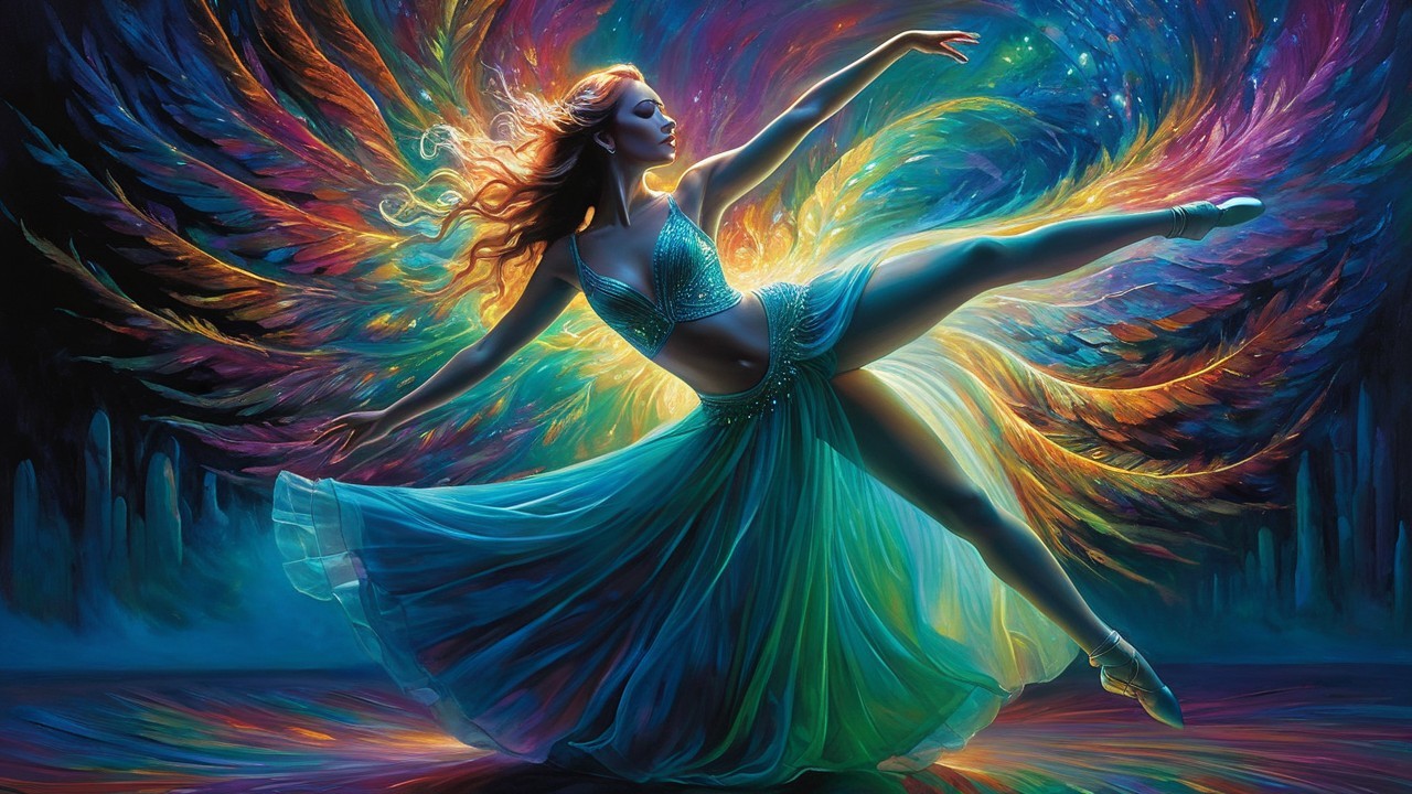 Dancer in Flowing Dress with Colorful Cosmic Background