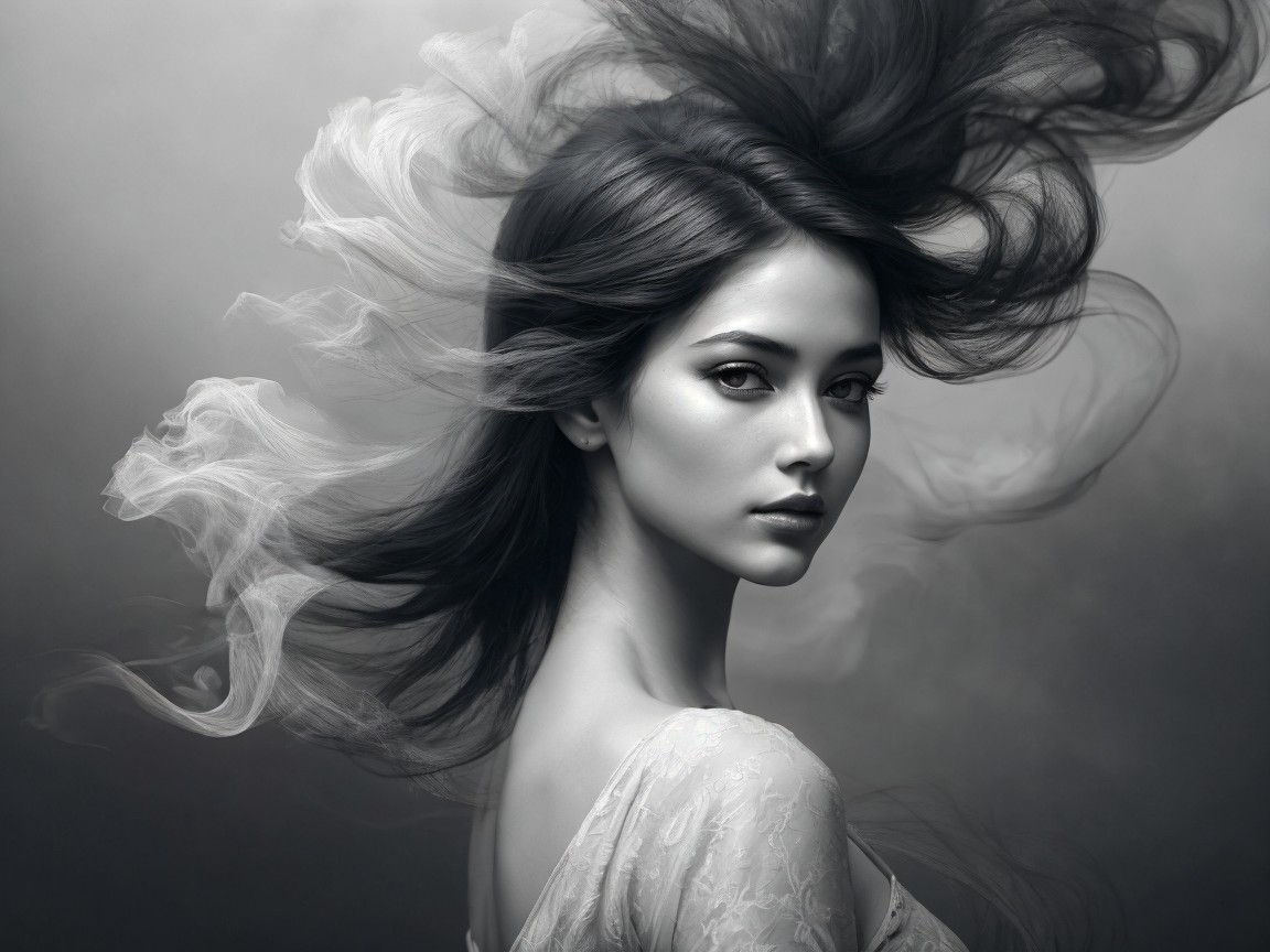 Close-up of a young woman with flowing hair and smoke