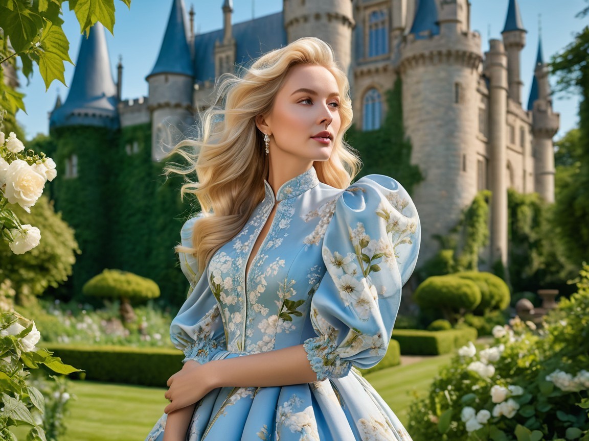 Woman in Blue Dress in Lush Garden with Castle Background
