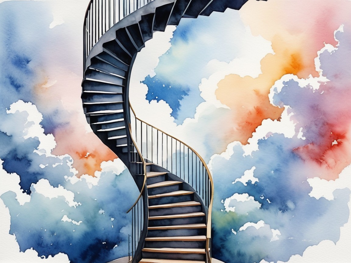 Spiral Staircase in Dreamy Watercolor Sky