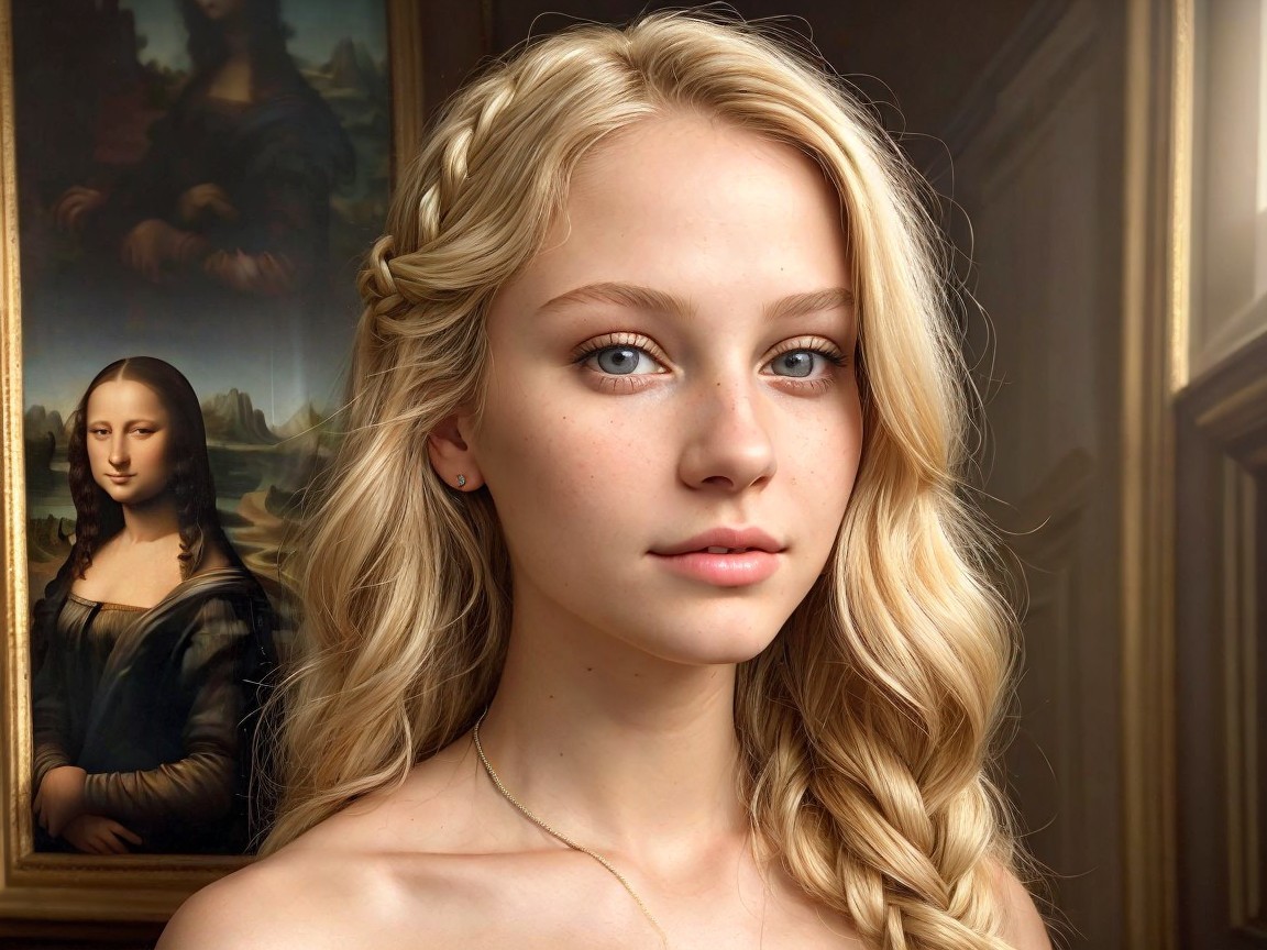 Young Woman with Blonde Hair and Classic Painting Background