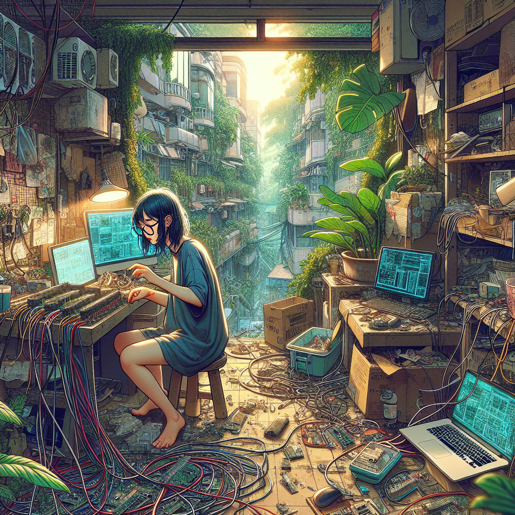 Cluttered Workshop with Overgrown Plants and Electronics
