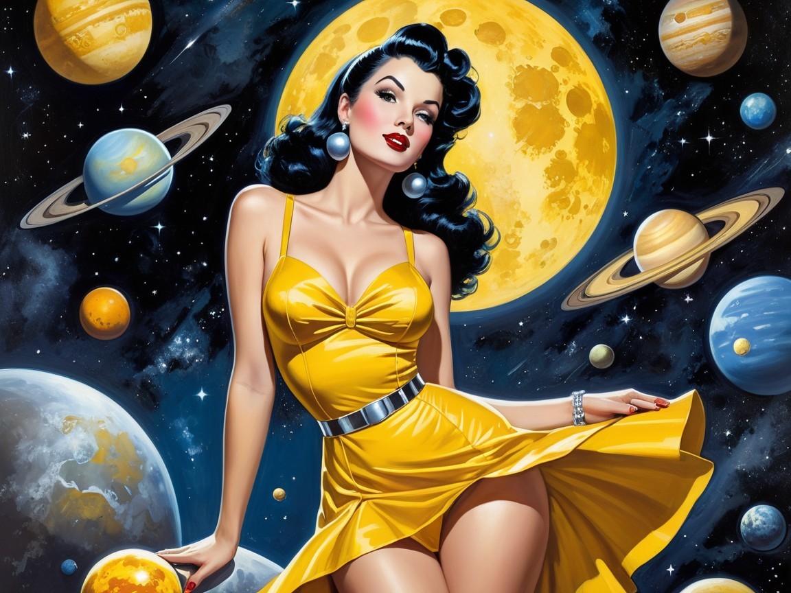 Glamorous Woman in Yellow Dress Against Cosmic Background