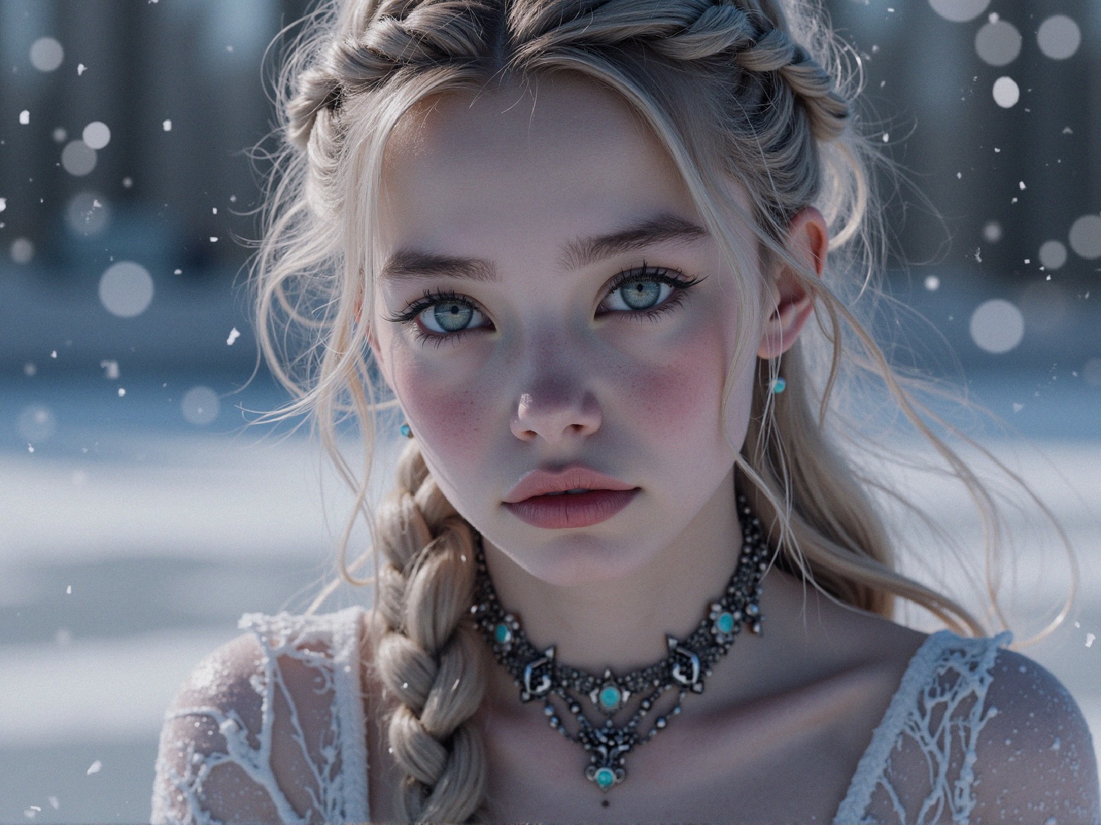 Young woman with blue eyes in a winter scene