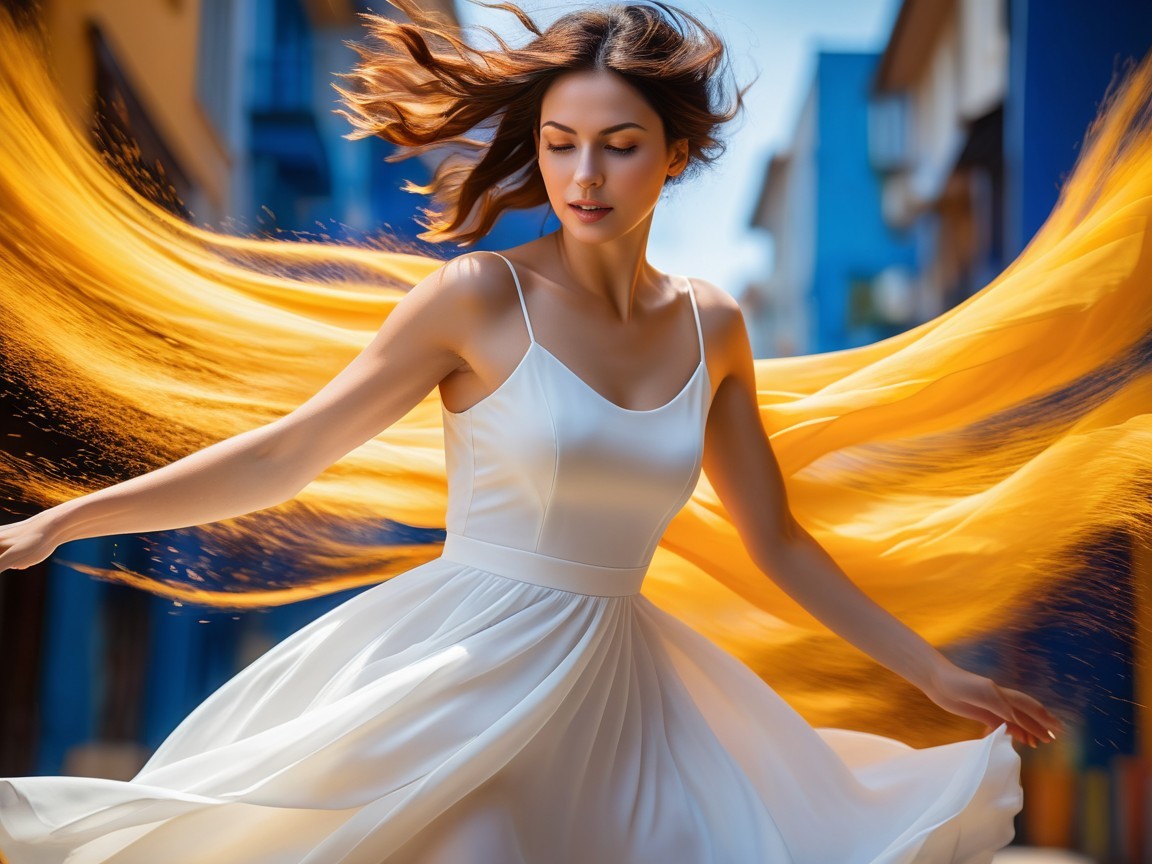 Woman twirling in white dress against colorful buildings