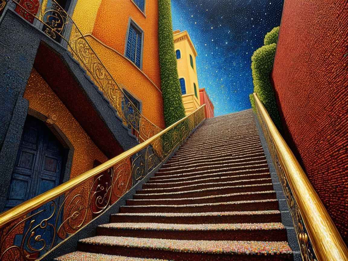 Vibrant Staircase Surrounded by Lush Greenery and Stars