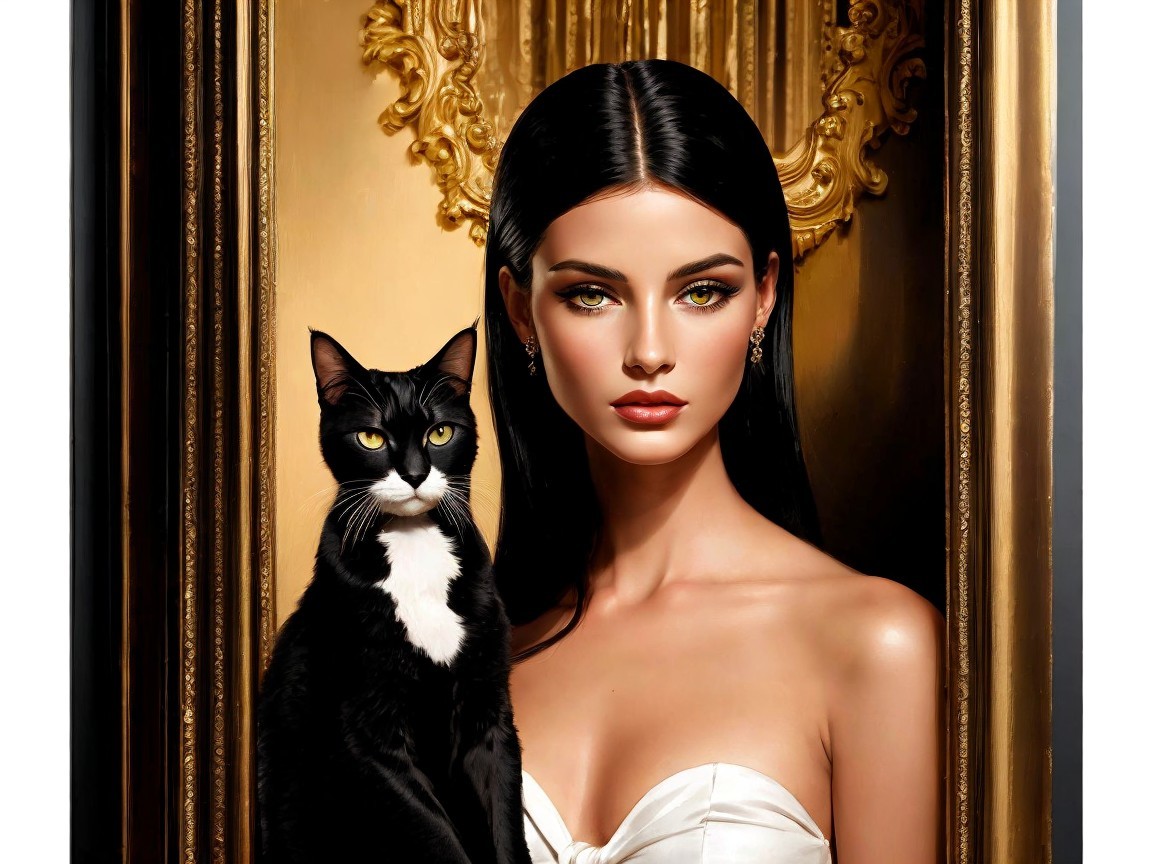Elegant Portrait of Woman with Cat on Golden Backdrop
