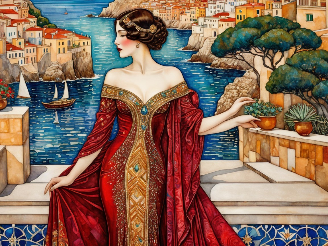 Woman in Red Gown at Coastal Village Scene