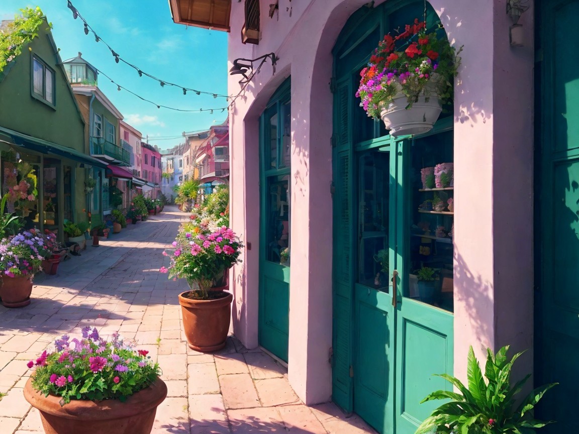 Charming Sunlit Street with Pastel Buildings and Flowers