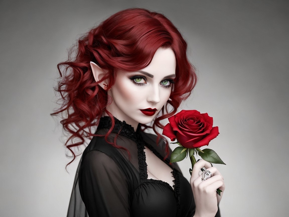 Vibrant Red Curls and Gothic Allure with Rose