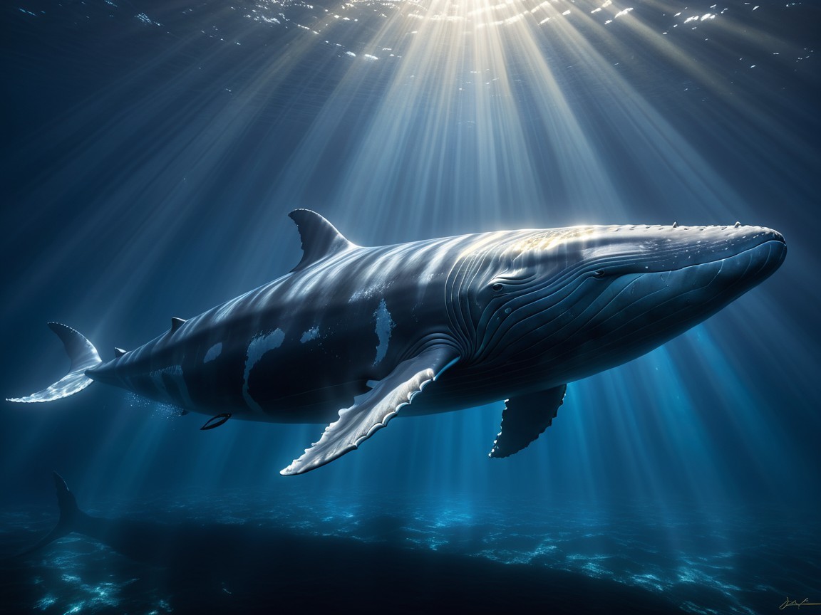 Majestic whale gliding through illuminated blue waters