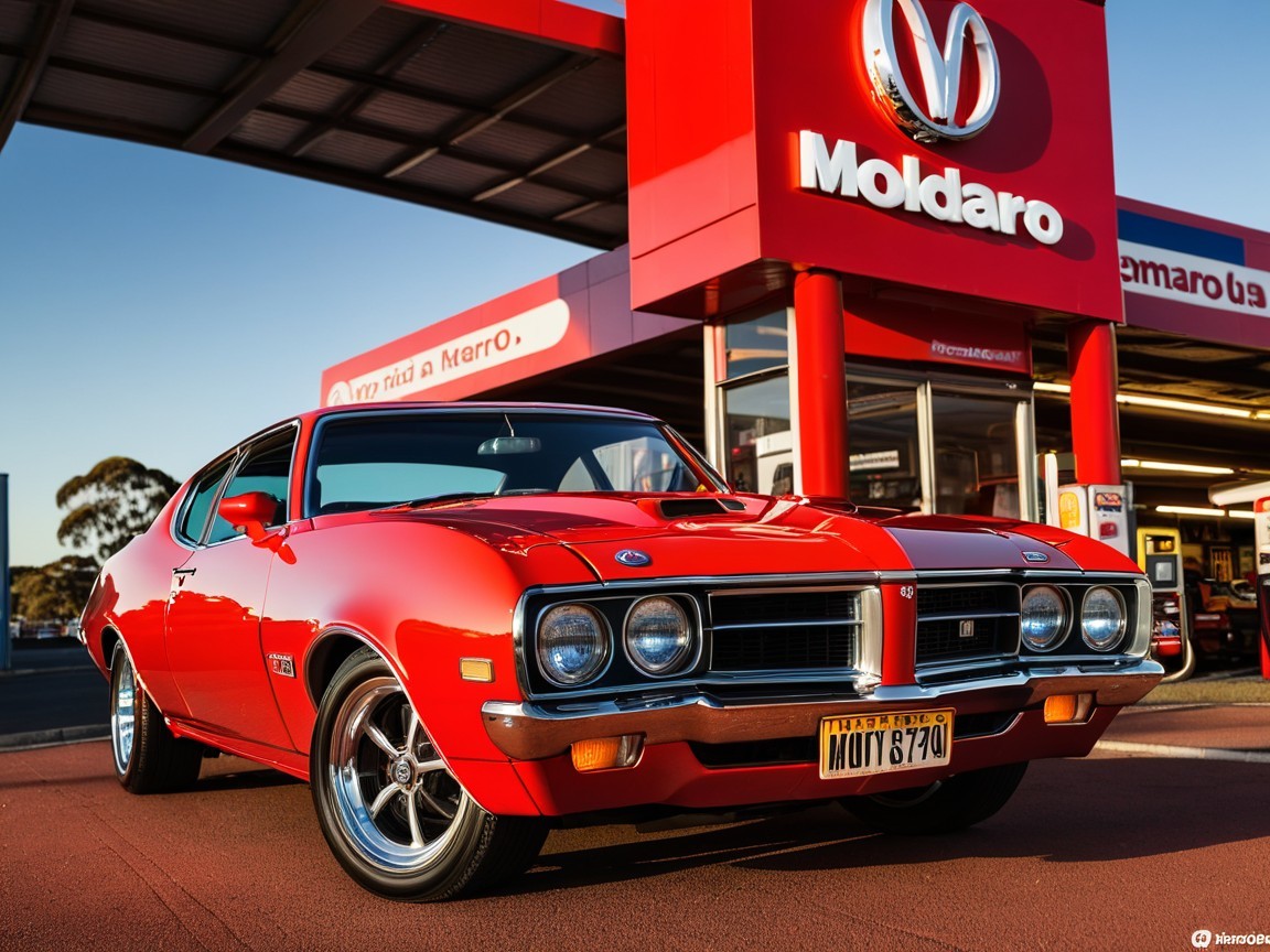 Vintage red muscle car at a colorful gas station