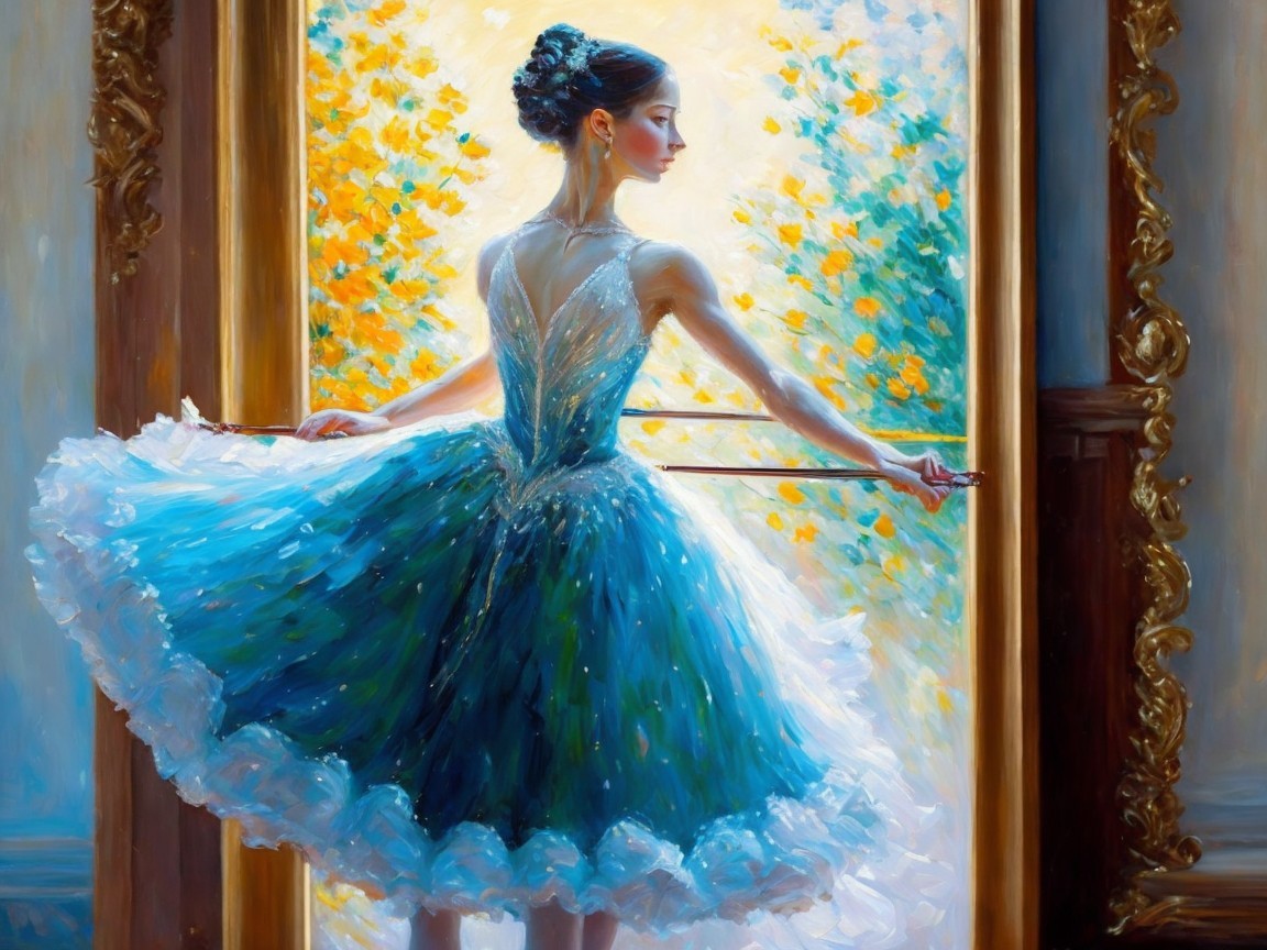 Ballerina in Blue Tutu Reflects in Ornate Mirror