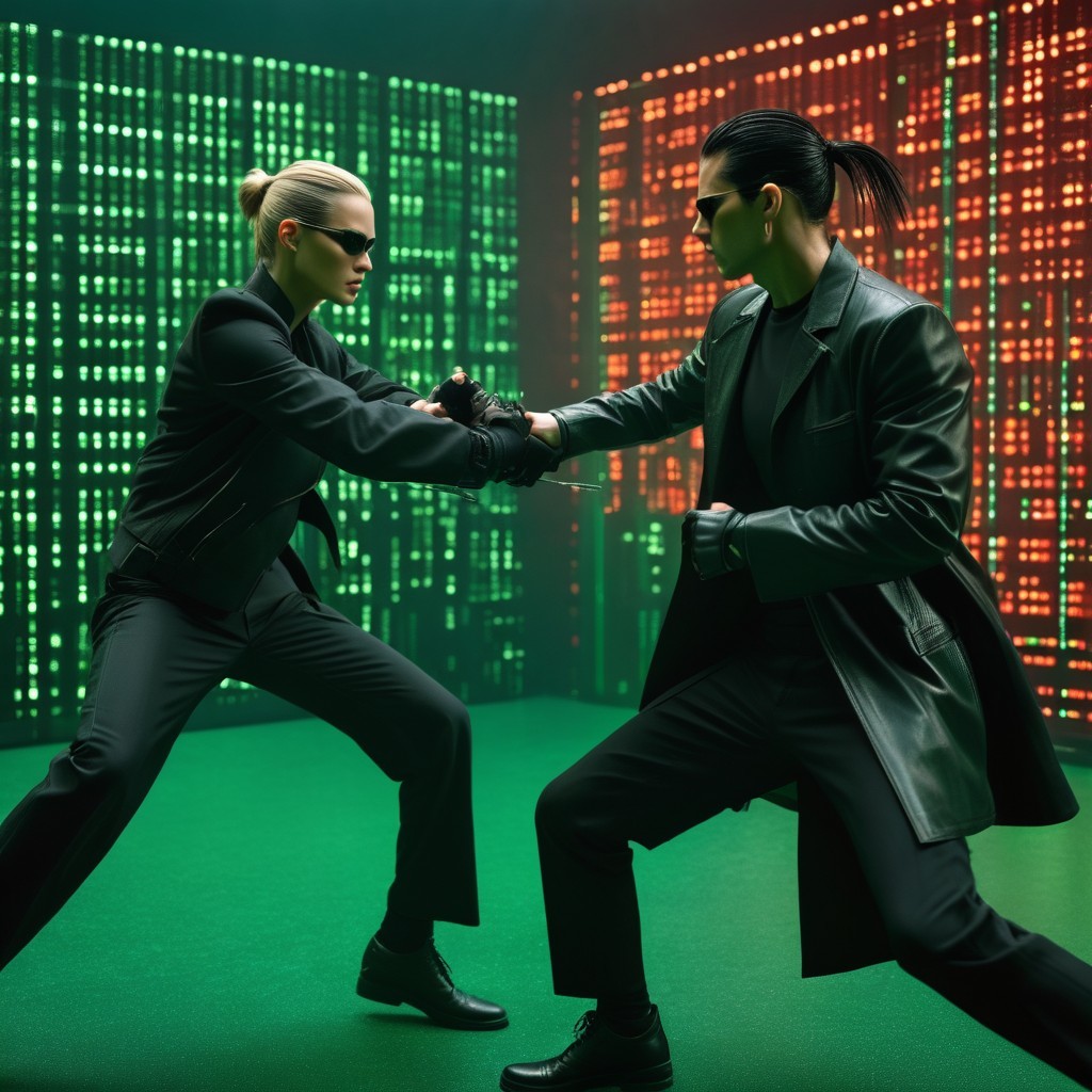 Cyberpunk Combatants in Futuristic Duel Setting