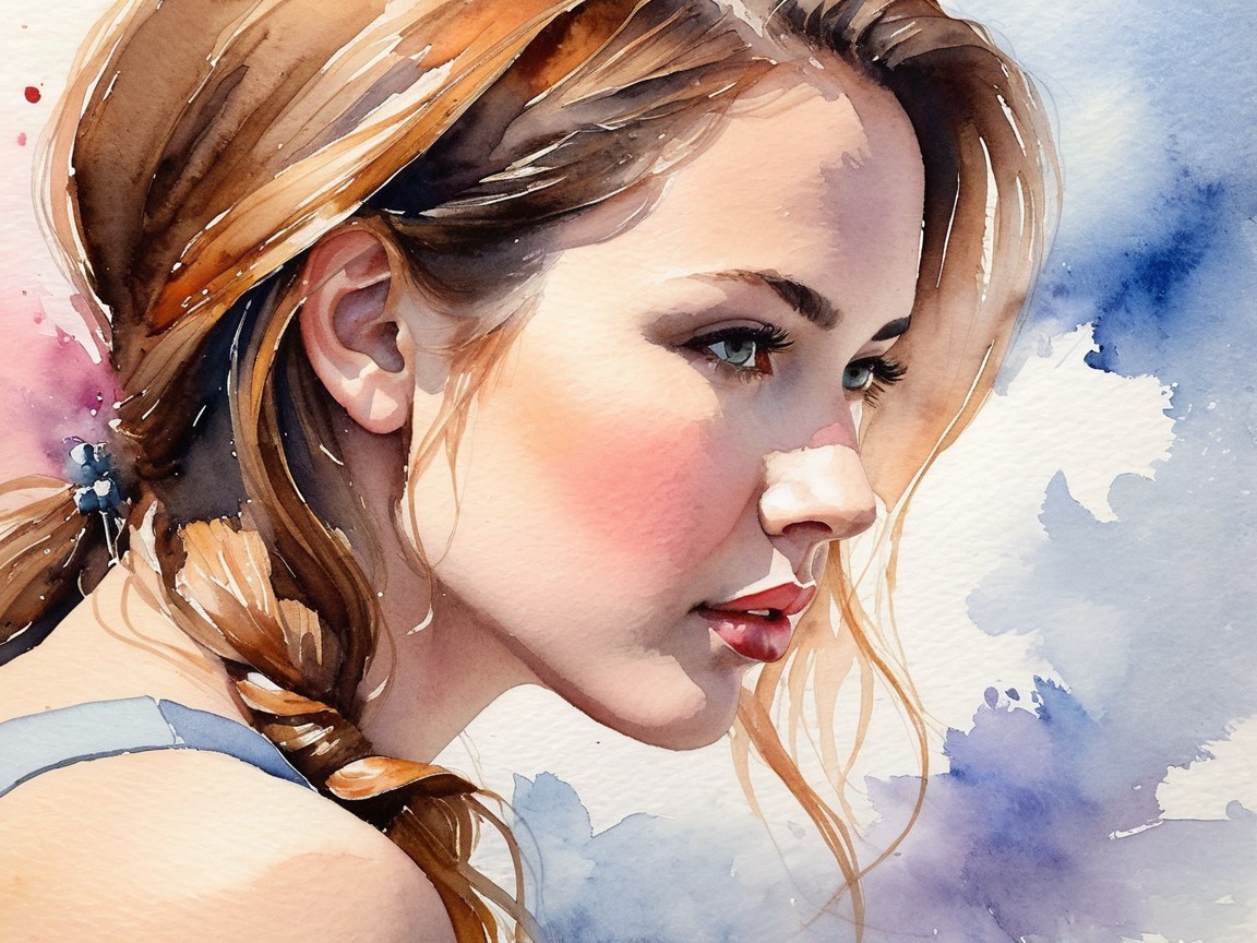 Watercolor Portrait of a Young Woman in Profile