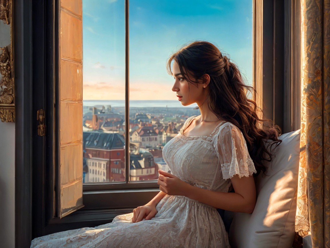 Young woman in white dress by window at sunset