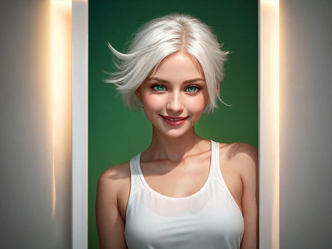 Young woman with platinum blonde hair and green eyes