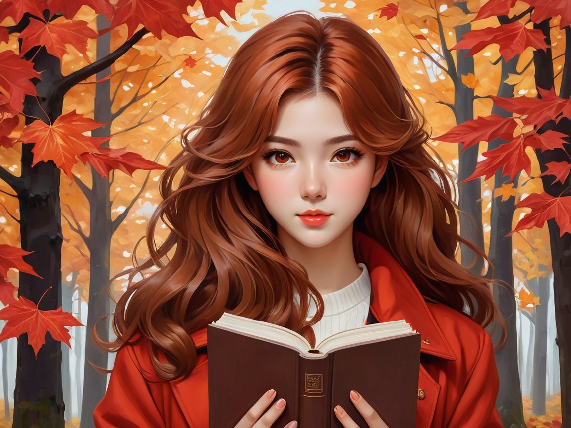 Young woman in autumn forest with vibrant foliage