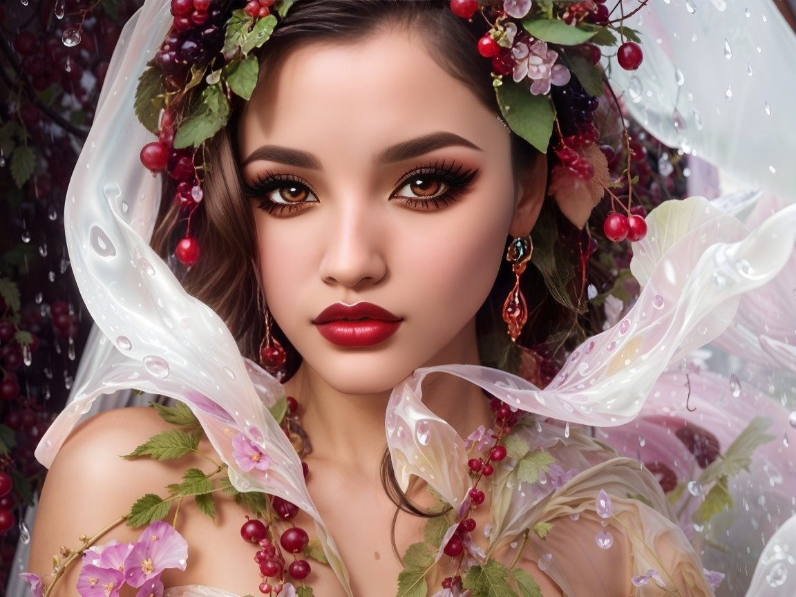 Young woman in vibrant floral portrait with greenery