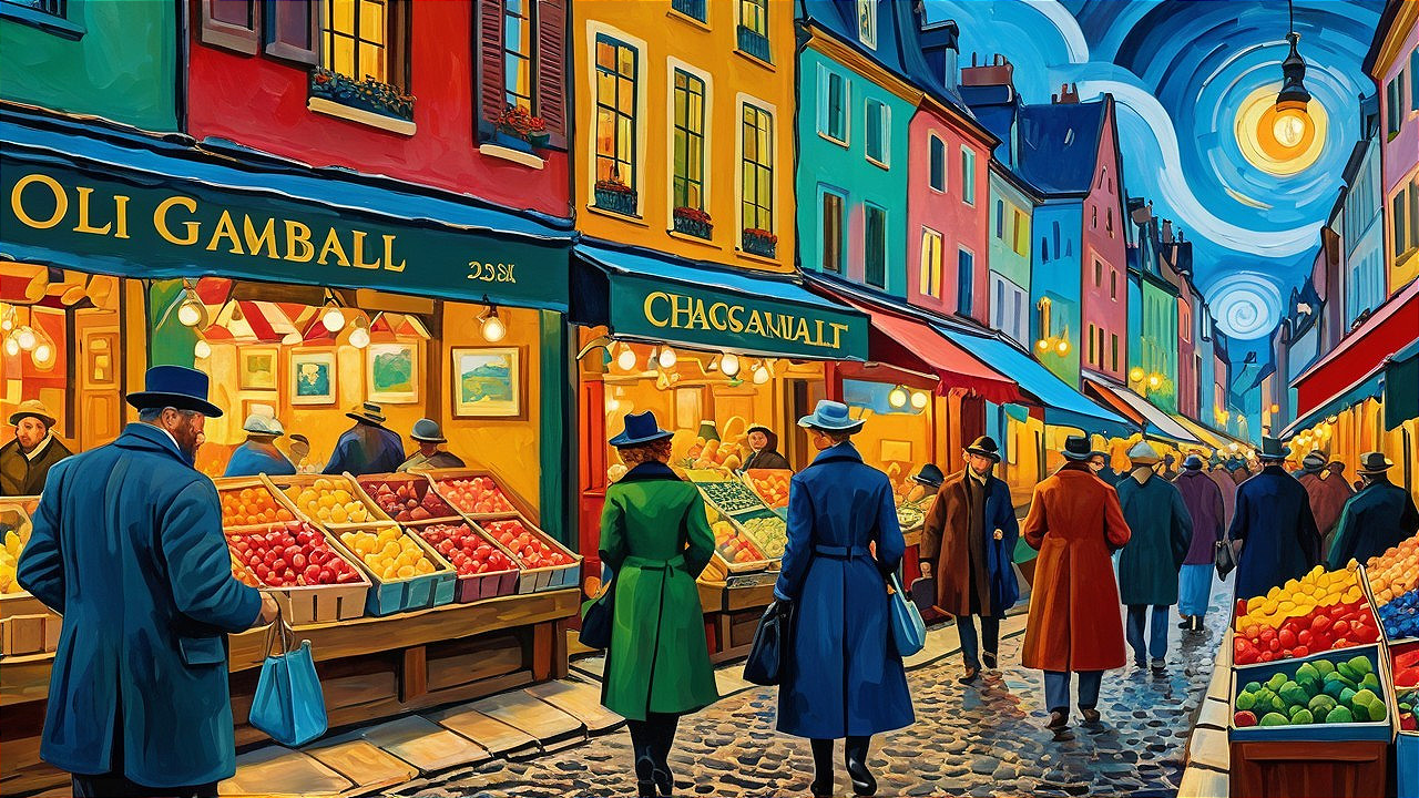 Vibrant Twilight Street Market with Colorful Stalls