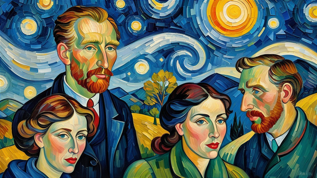 Vibrant Painting with Four Figures and Night Sky